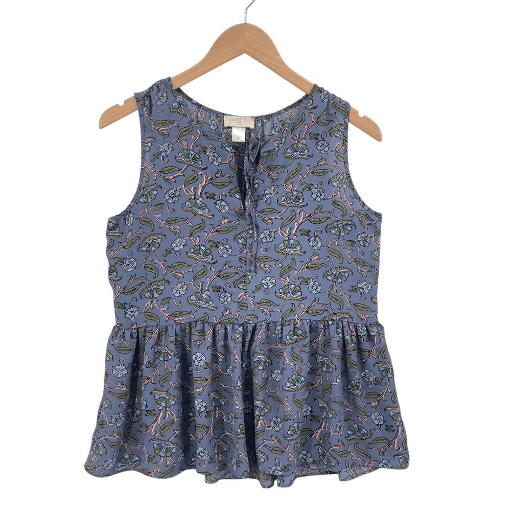 LOFT Outlet Petite MP Slate Blue Floral Sleeveless Peplum Blouse Top Boho Chic